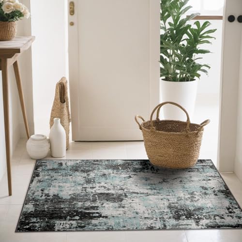 Washable 2'x3' Abstract Area Rug for Living Room Teal Black (Black/Teal Blue / 2' x 3' (Rectangular))