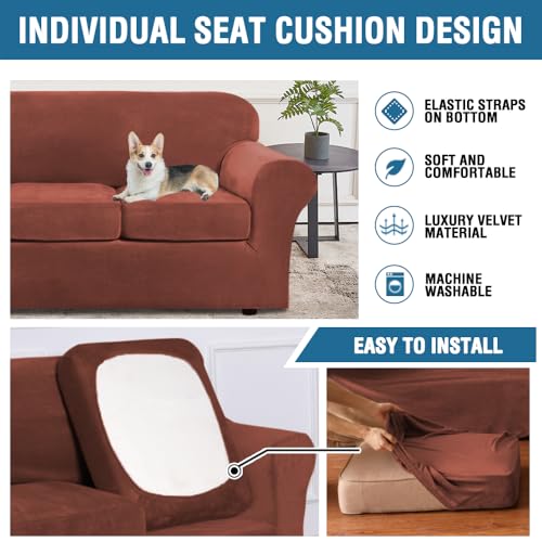 Real Velvet Plush 3 Piece Stretch Sofa Covers Couch Covers for 2 Cushion Couch Sofa Slipcovers (2 Cushion Sofa / Rust)
