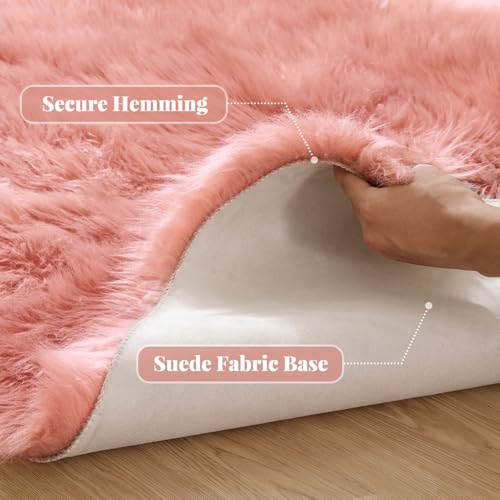 Pink Fluffy Sheepskin Fur Area Rugs for Bedroom Washable Furry Carpet Rug for Living Room Faux Fur Rug 2x3 Nursery (2' x 3' (Rectangular) / Pink)
