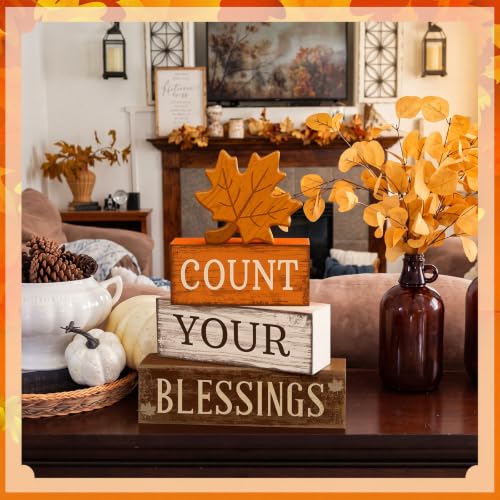 4 Pcs Fall Table Decoration Rustic Maple Leaf Stacked Wooden Blocks (Count Your Blessings)