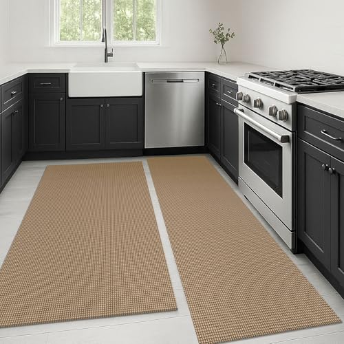 Boho Area Rug Runner Sets of 2Pcs 2x6 and 3x5 Washable Entry Rugs Non Slip Rubber Backed Kitchen Rug Woven Cotton Entrance Rugs for Front Porch Bathroom Kitchen Bedroom (Tan/Orange/Brown / 3' x 5' (Sets))
