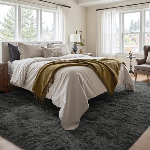 5x7 Ft Shag Area Rug for Bedroom (Ba Dark Grey Solid / 5' X 7' (Rectangular))