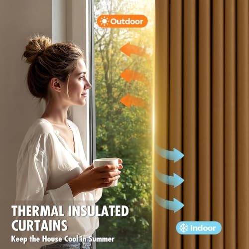 Golden Brown Blackout Bedroom Curtains Drapes 72 Inch Long 52"x72" (Golden Brown / 52"W x 72"L (Pack of 2))