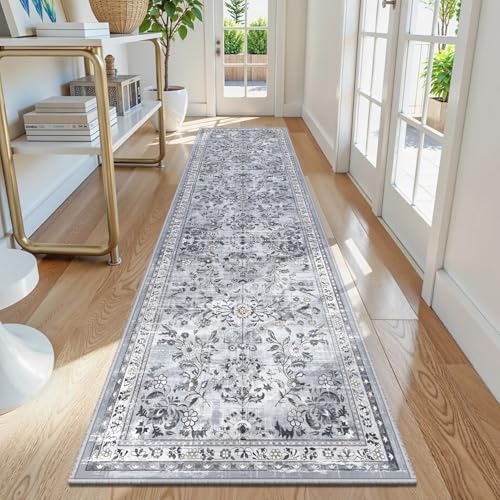 2x8 Washable Hallway Runner Rug Non Slip Floral Carpet (Grey / 2' x 8')