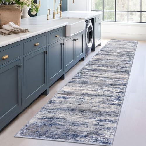 Modern Abstract Washable Rug Runner 2.6x12 Hallway Rug Runner Non (Blue-grey / 2'8" x 12' (Runner))