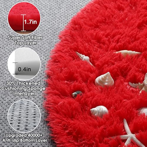 Red Fluffy Round Rug Circle Area Rugs 4ft for Kids Girls Boys Teen Bedroom (Red / 4' (Round))