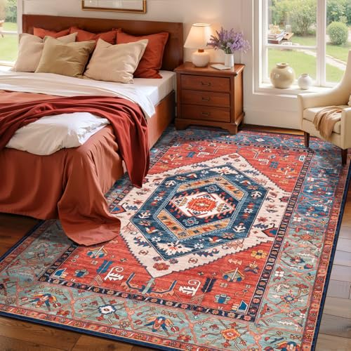 4x6 Washable Non Slip Boho Area Rug for Bedroom (Rust/Multi / 4' x 6' (Rectangular))