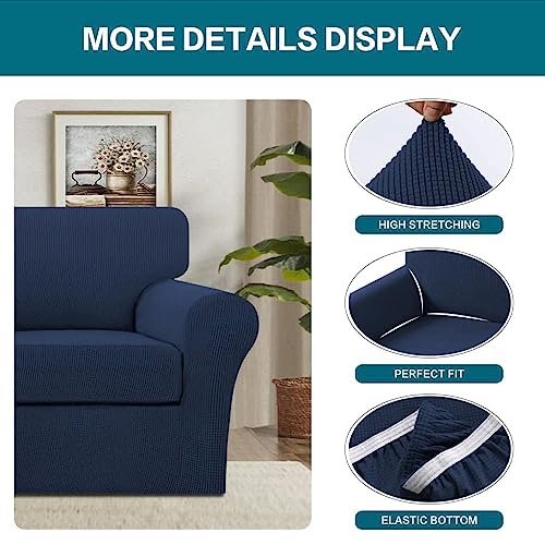 2 Piece Chair Covers Chair Slipcovers for Living Room Armchair Couch Cover Chair Sofa Cover with Individual Cushion Covers Furniture Cover for Chairs Feature Jacquard Fabric (Armchair (1 Cushion) / Navy)