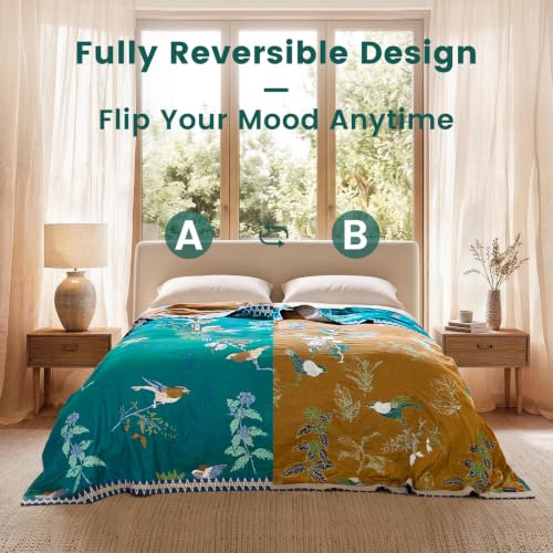 Boho Throw Blanket 60"x80" Aviary Botanical Cotton Throw Blanket (Teal Green / 60"x80")