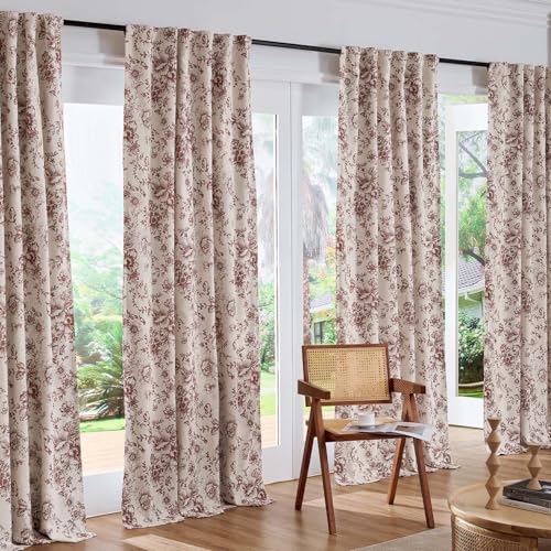 Floral Linen Blackout Curtains for Bedroom 84 Inches Long (Red / 50"W x 84"L (Pack of 2))