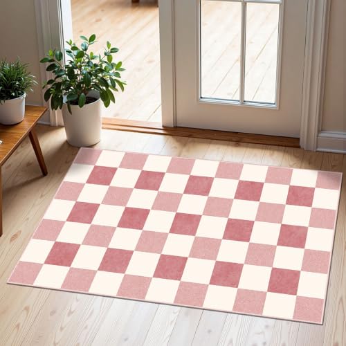 Front Door Mat Outside Entrance (Checkered - Pink / White / 2' x 3' (Rectangular))