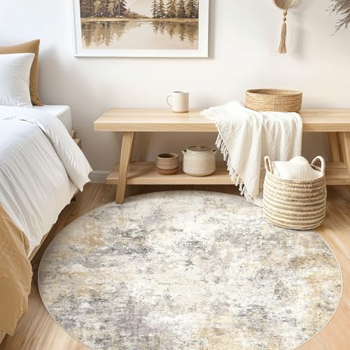 5ft Round Area Rug Living Room Rugs (Golden Grey / 5' (Round))