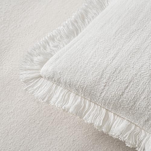 Boho Linen Fringe Decorative Throw Pillow Covers White 18x18 (18" x 18" (Pack of 2) / White)