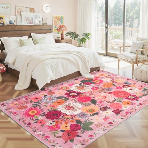 Pink Floral Area Rug 5x7 for Living Room Bedroom (Pink / 5' x 7' (Rectangular))