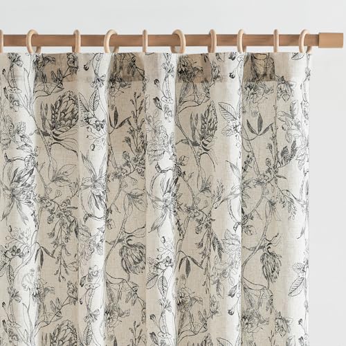 Black Floral Linen Curtains 96 Inch Vintage Back Tab 2 Panels (Flower Black on Beige / 50"W x 96"L (Pack of 2))