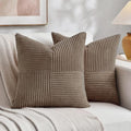 Set of 2 Light Brown Patchwork Corduroy Decorative Soft Striped Modern Accent Cushion Case Farmhouse Boho Neutral Throw Pillow Covers for Chair Couch Bed Sofa Living Room 24x24 Inch (Light Brown / 24" x 24" (Pack of 2))