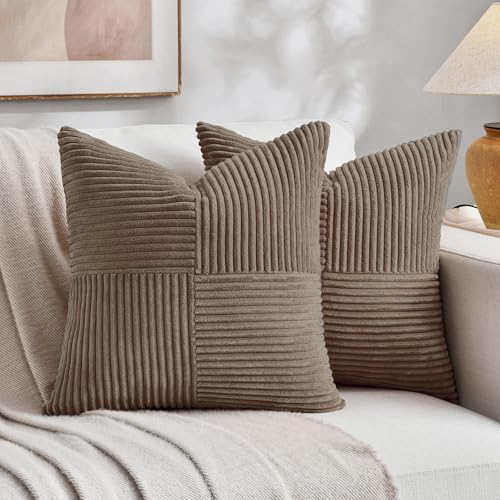 Set of 2 Light Brown Patchwork Corduroy Decorative Soft Striped Modern Accent Cushion Case Farmhouse Boho Neutral Throw Pillow Covers for Chair Couch Bed Sofa Living Room 24x24 Inch (Light Brown / 24" x 24" (Pack of 2))