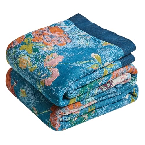 Boho Throw Blanket 50"x60" 100% Cotton Floral Bird Throw for Couch (Dark Blue Bird / 50"x60")