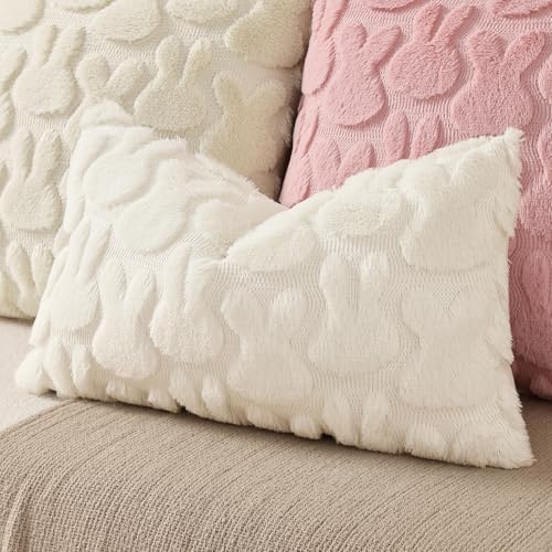 Cream White Faux Fur Bunny Throw Pillow Covers 12x20 Set of 2 (20" x 12" (Pack of 2) / Rabbits Cream White)