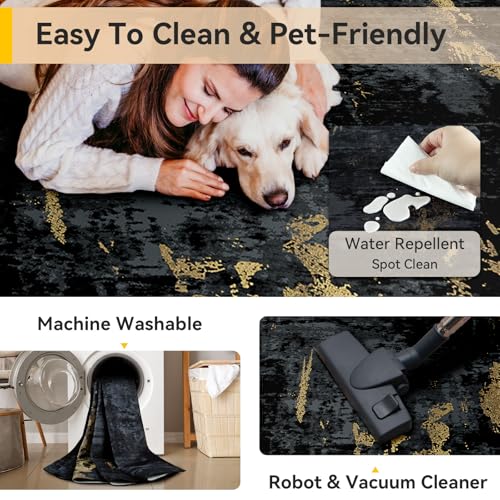 Washable Round 8ft Area Rug for Living Room Black Gold (Black/Gold / 8' (Round))