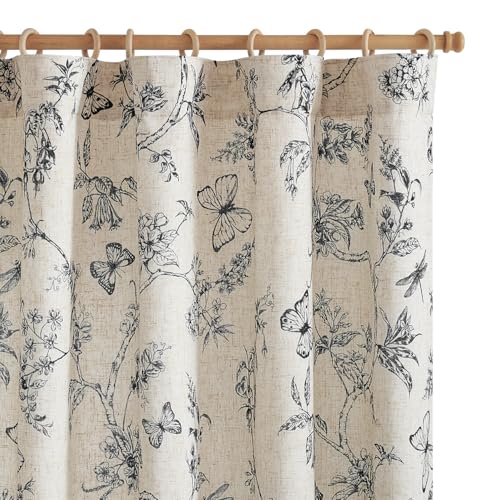 Black Floral Linen Curtains Lined 84 Inch Vintage Back Tab 2 Panels (Charlotte Black / 50"W x 84"L (Pack of 2))