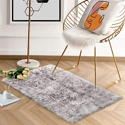 White with Grey Tips Small Bedroom Washable Soft Shaggy 2x3 Rug Fuzzy Rug Faux Sheepskin Fur Rug for Cushion Cat Mat Home Decor Rectangle (2' x 3' (Rectangular) / White With Grey Tips)