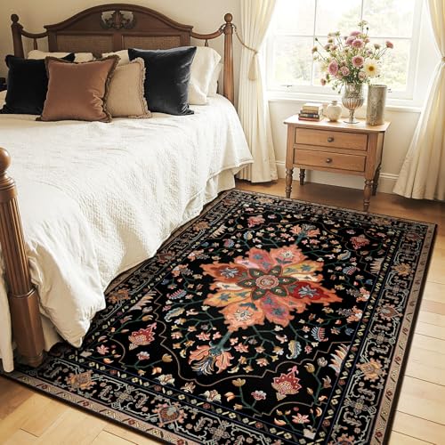 Washable Area Rug (Black/Colorful / 4' x 5' (Rectangular))