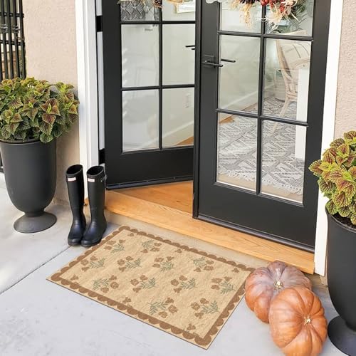 Front Door Mat Indoor Outside Entrance 2x3 Tan Floral Scalloped Rug (Flower - Wheat/Tan/Sage / 2' x 3' (Rectangular))