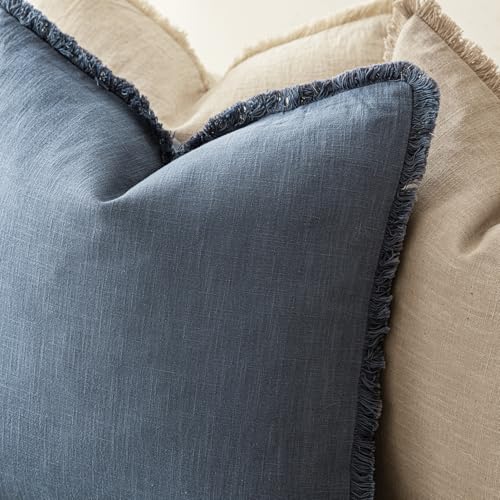 Decorative Linen Fringe Throw Pillow Covers 18×18 Inch (18" x 18" (Pack of 2) / Blue Ashes)