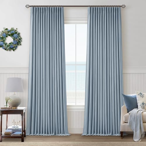 Dusty Blue 100% Blackout Linen 108 Inch Curtains for Bedroom Pinch Pleated (Dusty Blue / 40"W x 108"L (Pack of 2))