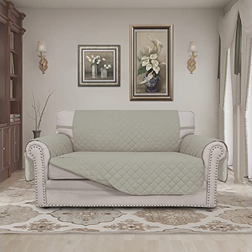 Reversible Loveseat Couch Cover for 2 Cushion Couch Sofa Cover for Dogs Water Resistant Furniture Protector with Foam Sticks Elastic Straps for Pet (Beige/Beige / Medium Loveseat)