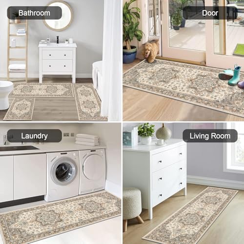 HEBE Boho Kitchen Rugs Set of 3 (Taupe / 20"x32"+20"x48"+20"x59")