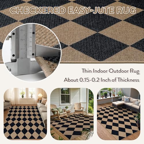 Checkered Easy Jute 5x7 Outdoor Rug (5' x 7' (Rectangular) / Nature and Black/Checkerboard -2)