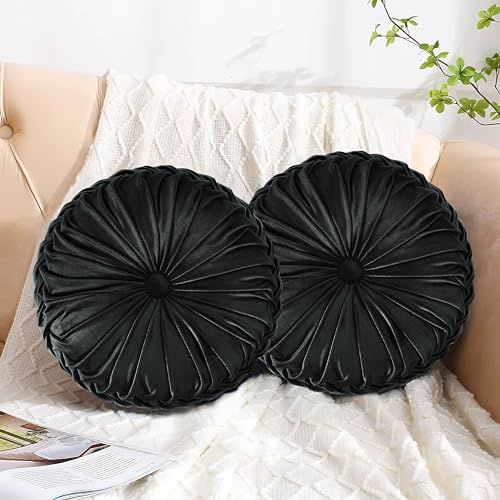 Set of 2 Black Velvet Decorative Round Pleated Throw Pillows (Black)