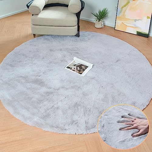Washable Furry 5ft Round Area Rugs for Living Room Bedroom Light Grey Circle Faux Rabbit Shaggy Fur Rug Teen Room Décor (5' (Round) / Grey)
