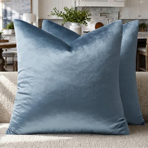 Stone Blue Velvet Throw Pillow Covers 16x16 Pack of 2 (Stone Blue / 16" x 16" (Pack of 2))