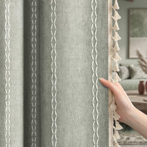 Sage Green Boho Blackout Curtains 84 Inch 2 Panels with Tassels (Sage Green / 52"W x 84"L (Pack of 2))