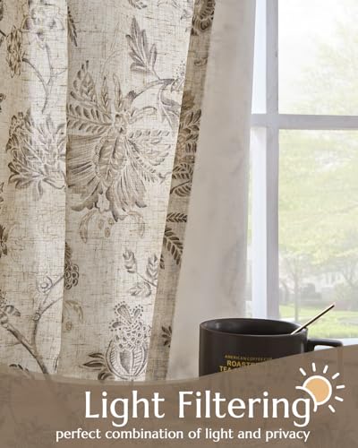 Taupe Floral Linen Curtains Lined 84 Inch Cottage Back Tab 2 Panels (*Jacobean Taupe / 50"W x 84"L (Pack of 2))