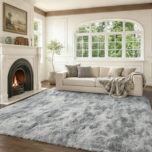 5x7 Ft Shag Area Rug for Bedroom (Ab Tie Dyed Light Grey / 5' X 7' (Rectangular))