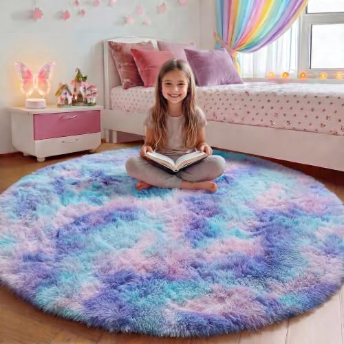 Rainbow Fluffy Round Rug Circle Area Rugs 4ft for Girls Kids Teen Bedroom (Rainbow / 4' (Round))