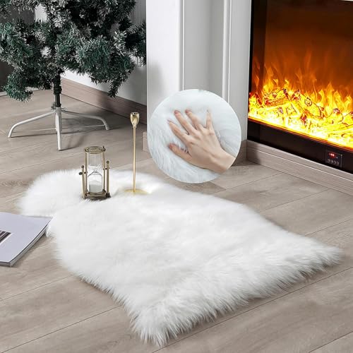Faux Fur Rug Sheepskin Shag Fluffy Fuzzy White 2x3 ft Small Rugs for Bedroom Bedside Bed Floor Living Room Plush High (2' x 3' (Sheepskin) / White)