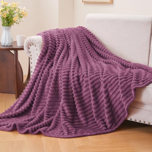3D Ribbed Jacquard Plum Fleece Twin Blanket for Couch (Plum / Twin(60"x80"))