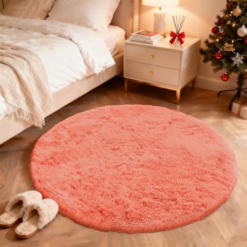 Coral Red Round Rugs for Bedroom (4 Ft Round / Coral Red)