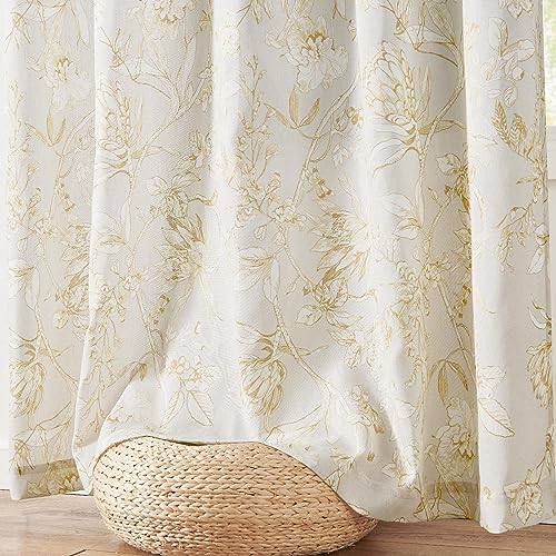 Yellow Floral Linen Curtains 90 Inch Vintage Back Tab 2 Panels (Flower Yellow on White / 50"W x 90"L (Pack of 2))