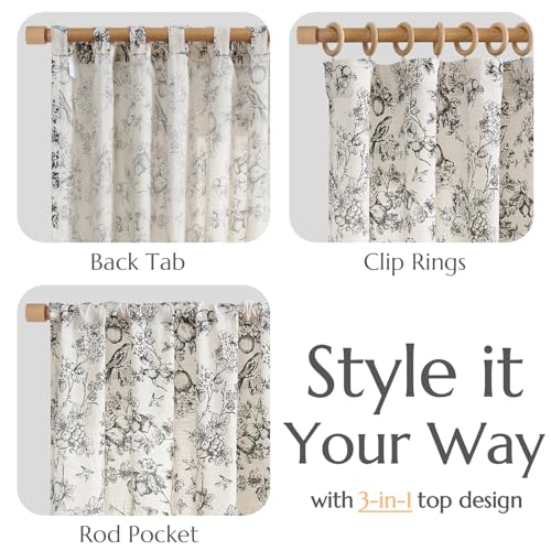 Black Floral Linen Curtains 84 Inch Vintage Back Tab 2 Panels (Black Floral on Linen / 50"W x 84"L (Pack of 2))