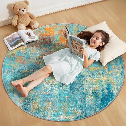 Washable Round 4ft Area Rug for Living Room Teal Multi (Teal Blue/Green/Orange / 4' (Round))