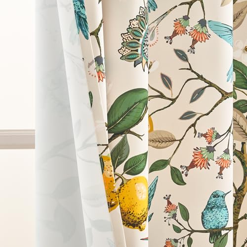 54 Inches Long Blackout Curtains for Cafe Kitchen Beige Vintage Grommet Room Darkening Luxury Floral Lemon Hummingbird Patterned Waverly Colorful Drapes for Living Room Bedroom (Beige / 52"W x 54"L (Pack of 2))