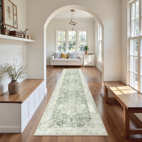 Washable Runner Rugs 2x10 Long for Hallway Kitchen (Green/Ivory / 2' x 10' (Runner))