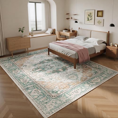 8x10 Moroccan Retro Washable Area Rugs for Living Room (8' x 10' (Rectangular) / Light Green-milky White-light Brown-dark Green)