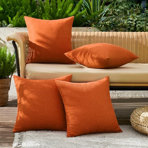 Pack of 4 Decorative Outdoor Throw Pillow Covers Linen Waterproof Pillow Covers Summer Farmhouse Cushion Cases for Patio Garden Tent Balcony Couch Sofa 16x16 Inch Orange (16" x 16" (Pack of 4) / Orange)